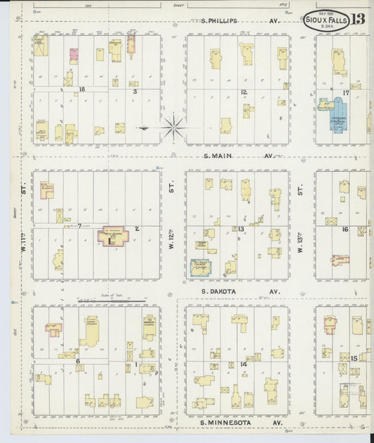 Sanborn Fire Insurance Map from Sioux Falls, Minnehaha County, South Dakota (1891), Sheet #0013 - Historic Sanborn Fire Insurance Map Print, vintage old map wall art, antique decor, genealogy gift, South Dakota South Dakota map