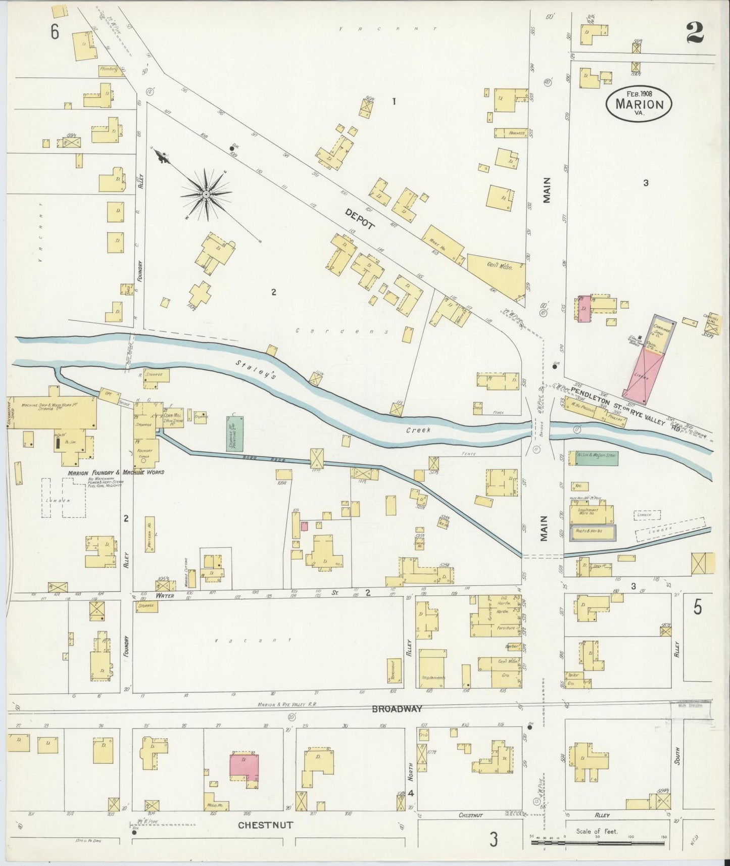 Sanborn Fire Insurance Map from Marion, Smyth County, Virginia (1908), Sheet #0002 - Historic Sanborn Fire Insurance Map Print, vintage old map wall art, antique decor, genealogy gift, Virginia Virginia map