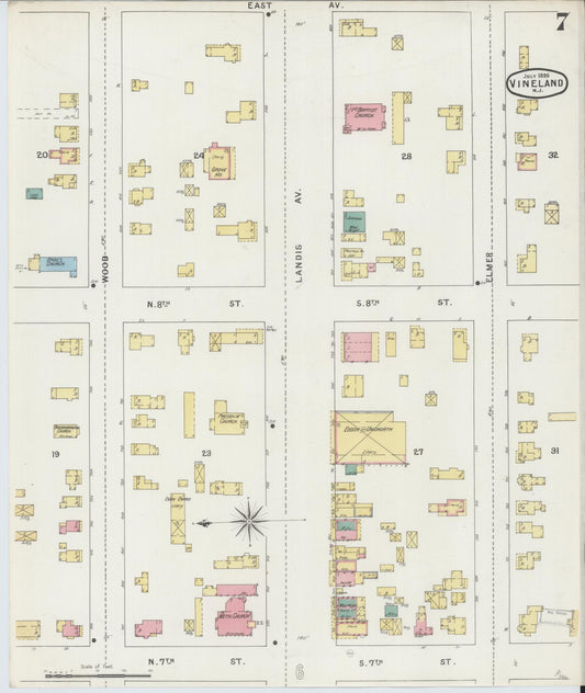 Sanborn Fire Insurance Map from Vineland, Cumberland County, New Jersey (1895), Sheet #0007 - Historic Sanborn Fire Insurance Map Print, vintage old map wall art, antique decor, genealogy gift, New Jersey New Jersey map