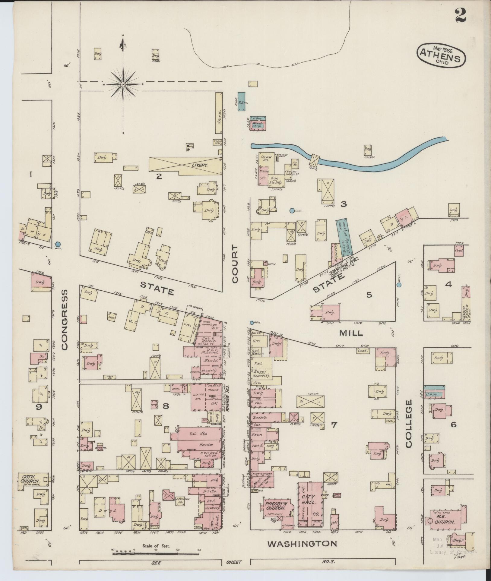 Sanborn Fire Insurance Map from Athens, Athens County, Ohio (1885), Sheet #0002 - Historic Sanborn Fire Insurance Map Print, vintage old map wall art, antique decor, genealogy gift, Ohio Ohio map