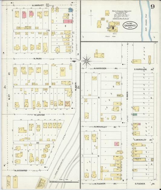 Sanborn Fire Insurance Map from Shawnee, Pottawatomie County, Oklahoma (1907), Sheet #0009 - Historic Sanborn Fire Insurance Map Print, vintage old map wall art, antique decor, genealogy gift, Oklahoma Oklahoma map