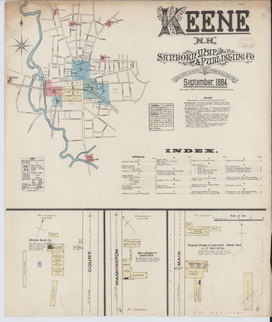 Sanborn Fire Insurance Map from Keene, Cheshire County, New Hampshire (1884), Sheet #0001 - Historic Sanborn Fire Insurance Map Print, vintage old map wall art, antique decor, genealogy gift, New Hampshire New Hampshire map
