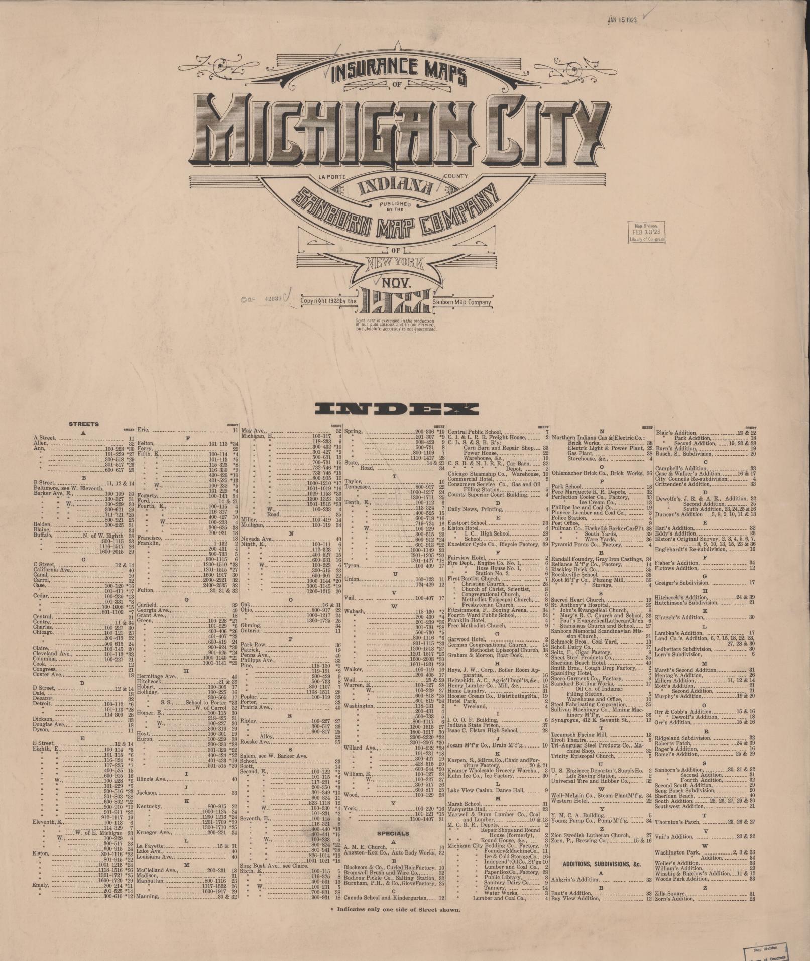 Sanborn Fire Insurance Map from Michigan City, La Porte County, Indiana (1922), Sheet #0001 - Historic Sanborn Fire Insurance Map Print, vintage old map wall art, antique decor, genealogy gift, Michigan Michigan map