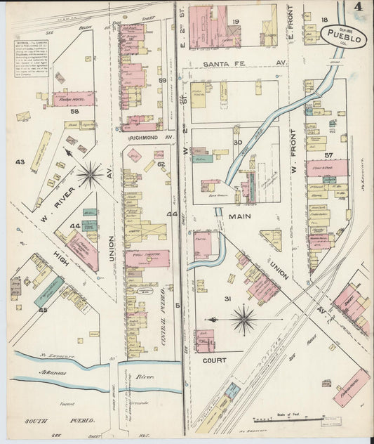 Sanborn Fire Insurance Map from Pueblo, Pueblo County, Colorado (1883), Sheet #0004 - Historic Sanborn Fire Insurance Map Print, vintage old map wall art, antique decor, genealogy gift, Colorado Colorado map