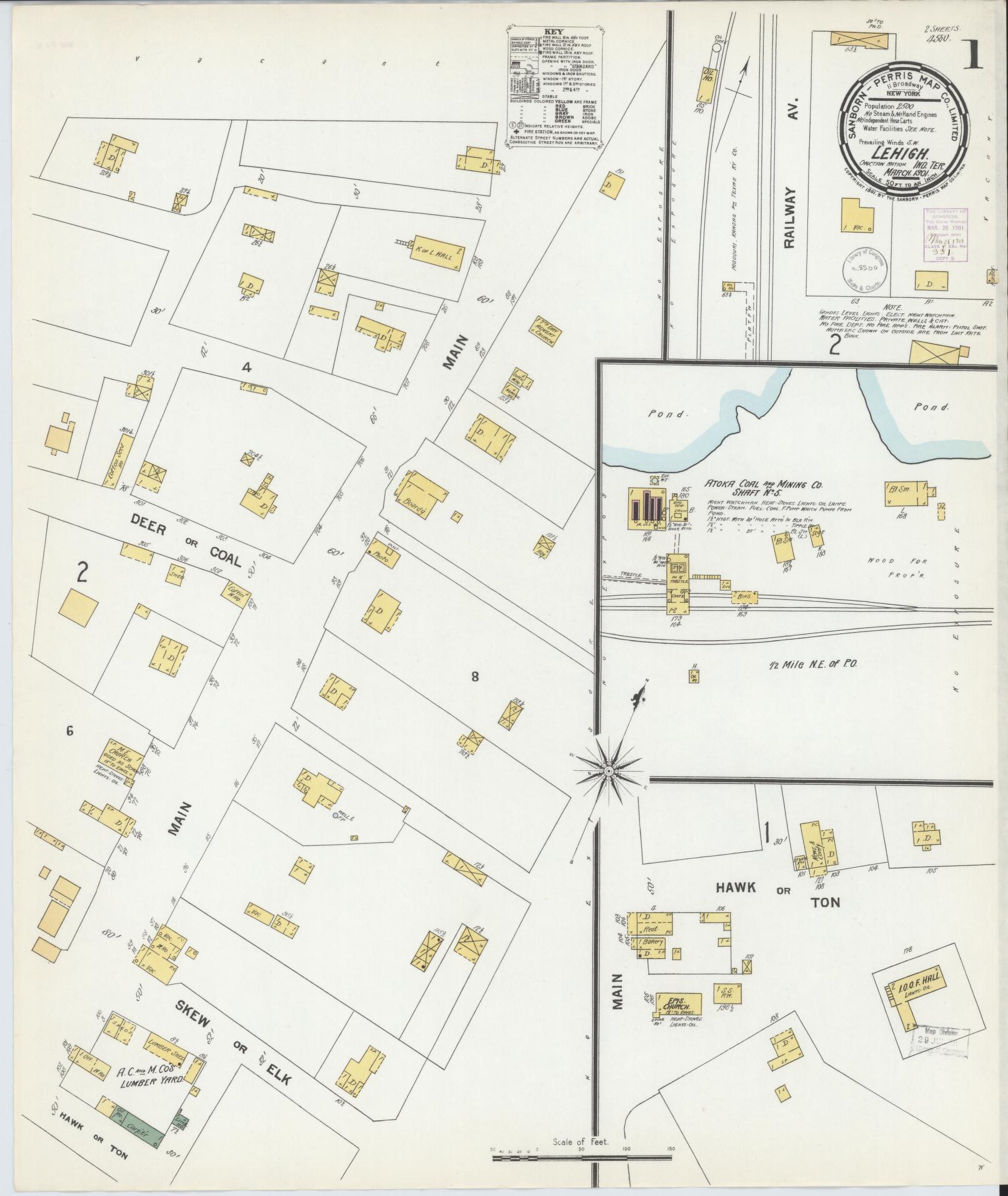 Sanborn Fire Insurance Map from Lehigh, Coal County, Oklahoma (1901), Sheet #0001 - Complete Map Set gallery image, historic Sanborn map, vintage wall art, Oklahoma Oklahoma