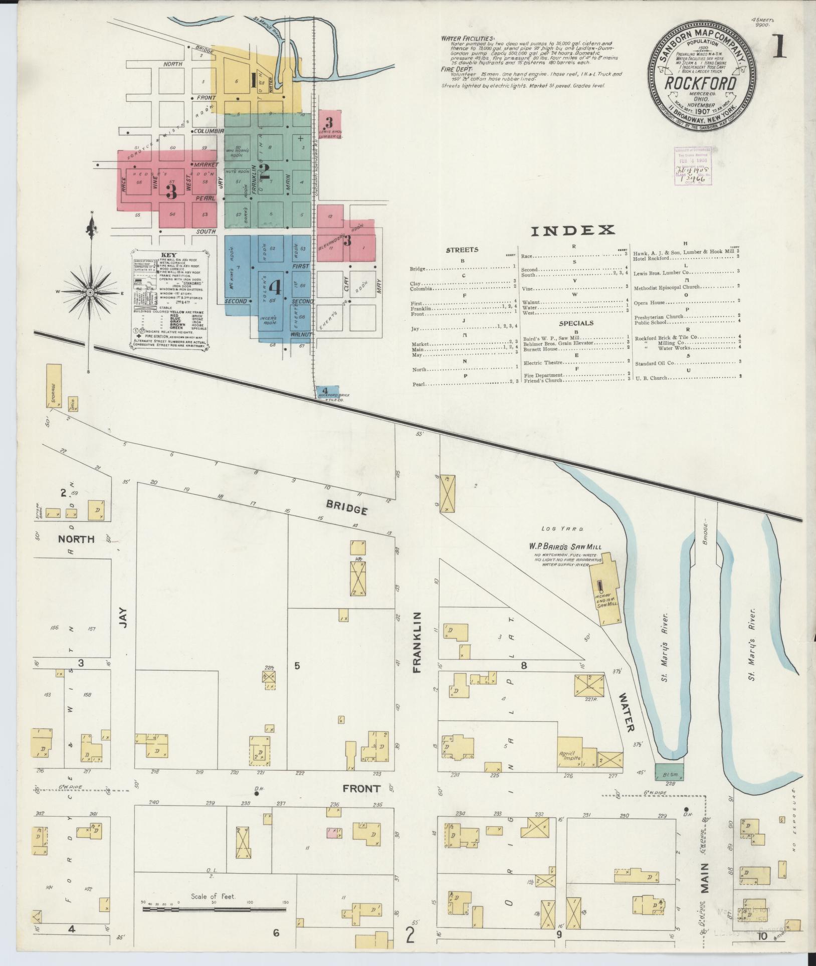 Sanborn Fire Insurance Map from Rockford, Mercer County, Ohio (1907), Sheet #0001 - Complete Map Set gallery image, historic Sanborn map, vintage wall art, Ohio Ohio