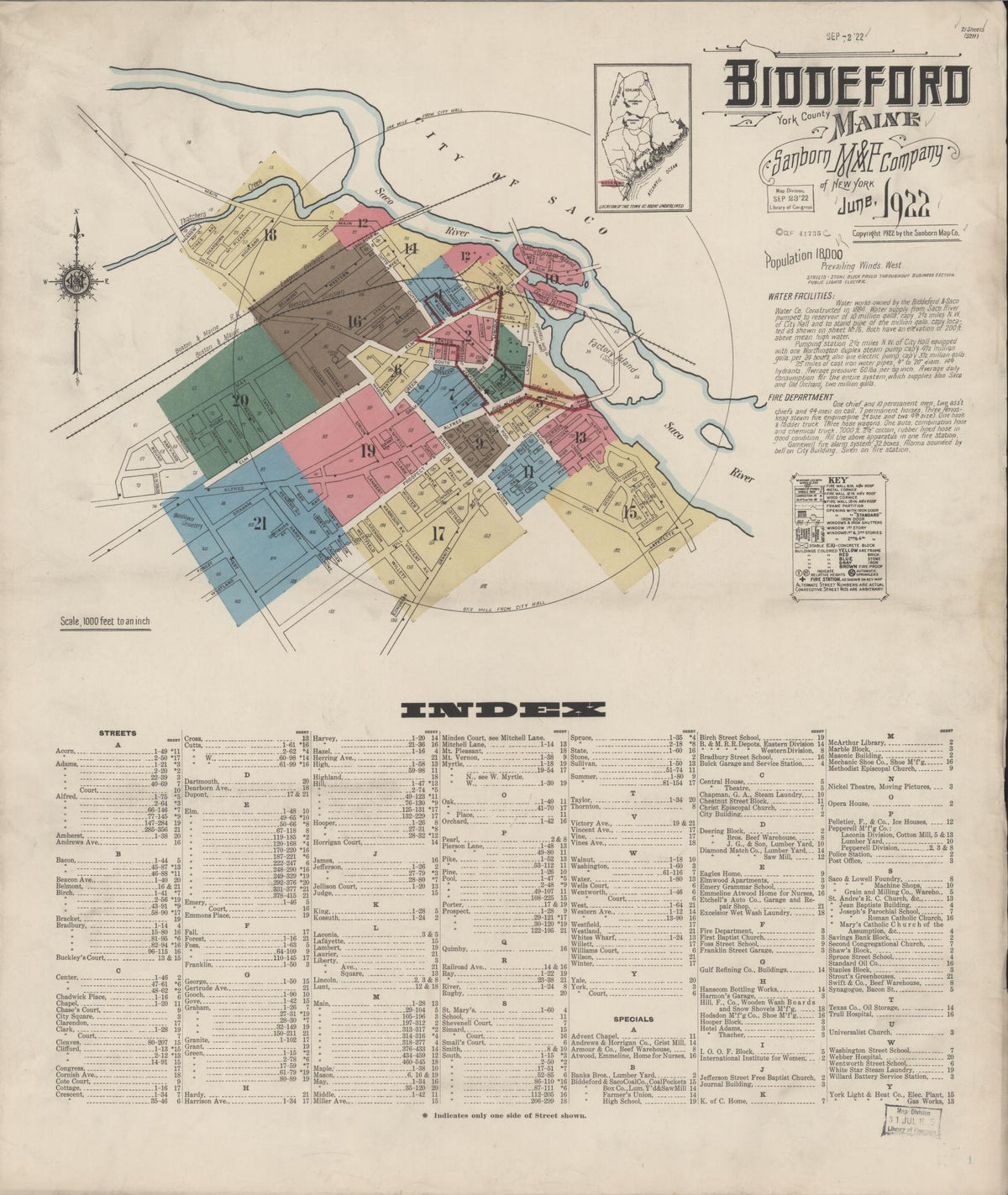 Sanborn Fire Insurance Map from Biddeford, York County, Maine (1922), Sheet #0001 - Historic Sanborn Fire Insurance Map Print, vintage old map wall art, antique decor, genealogy gift, Maine Maine map