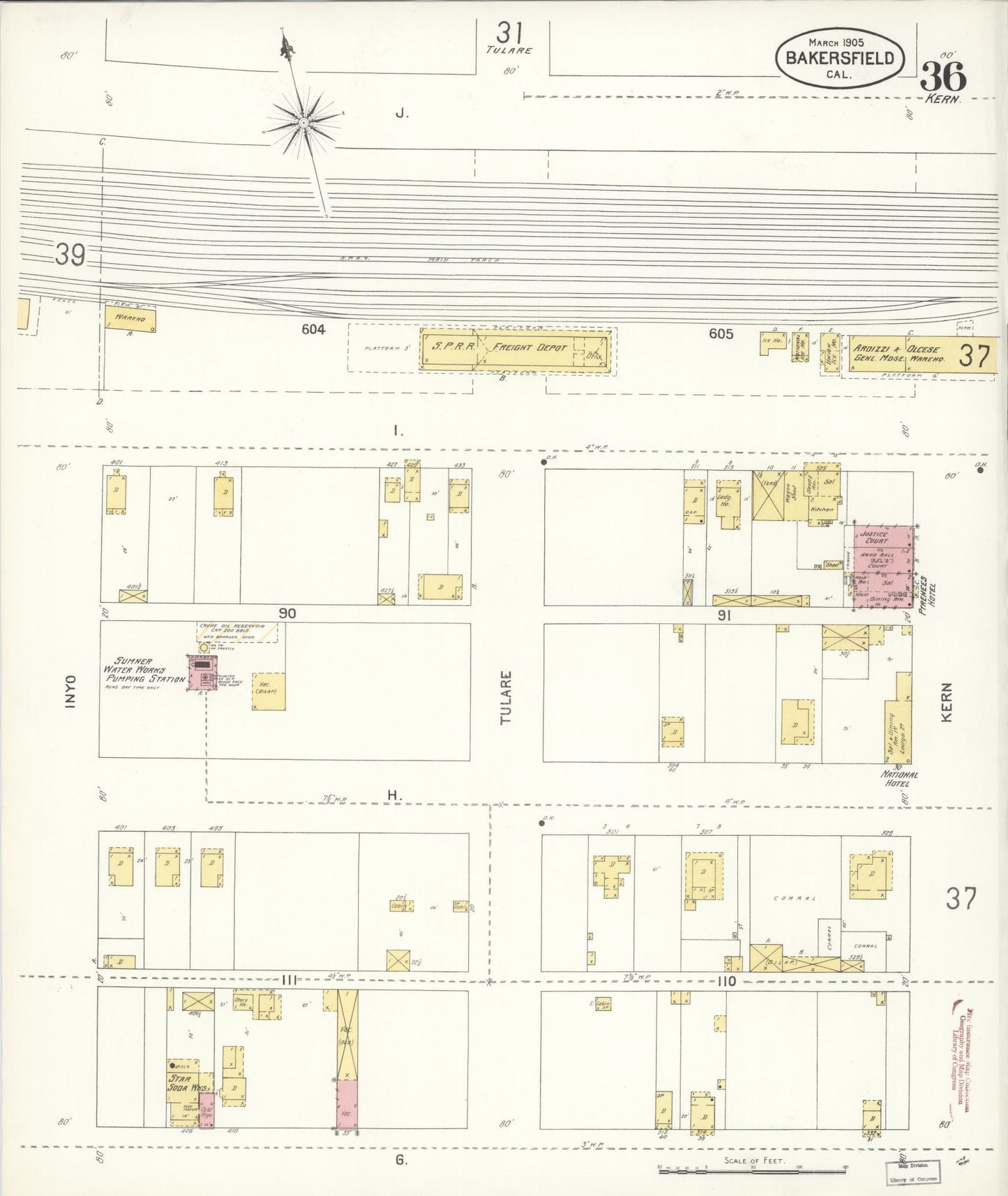 Sanborn Fire Insurance Map from Bakersfield, Kern County, California (1905), Sheet #0036 - Historic Sanborn Fire Insurance Map Print, vintage old map wall art, antique decor, genealogy gift, California California map