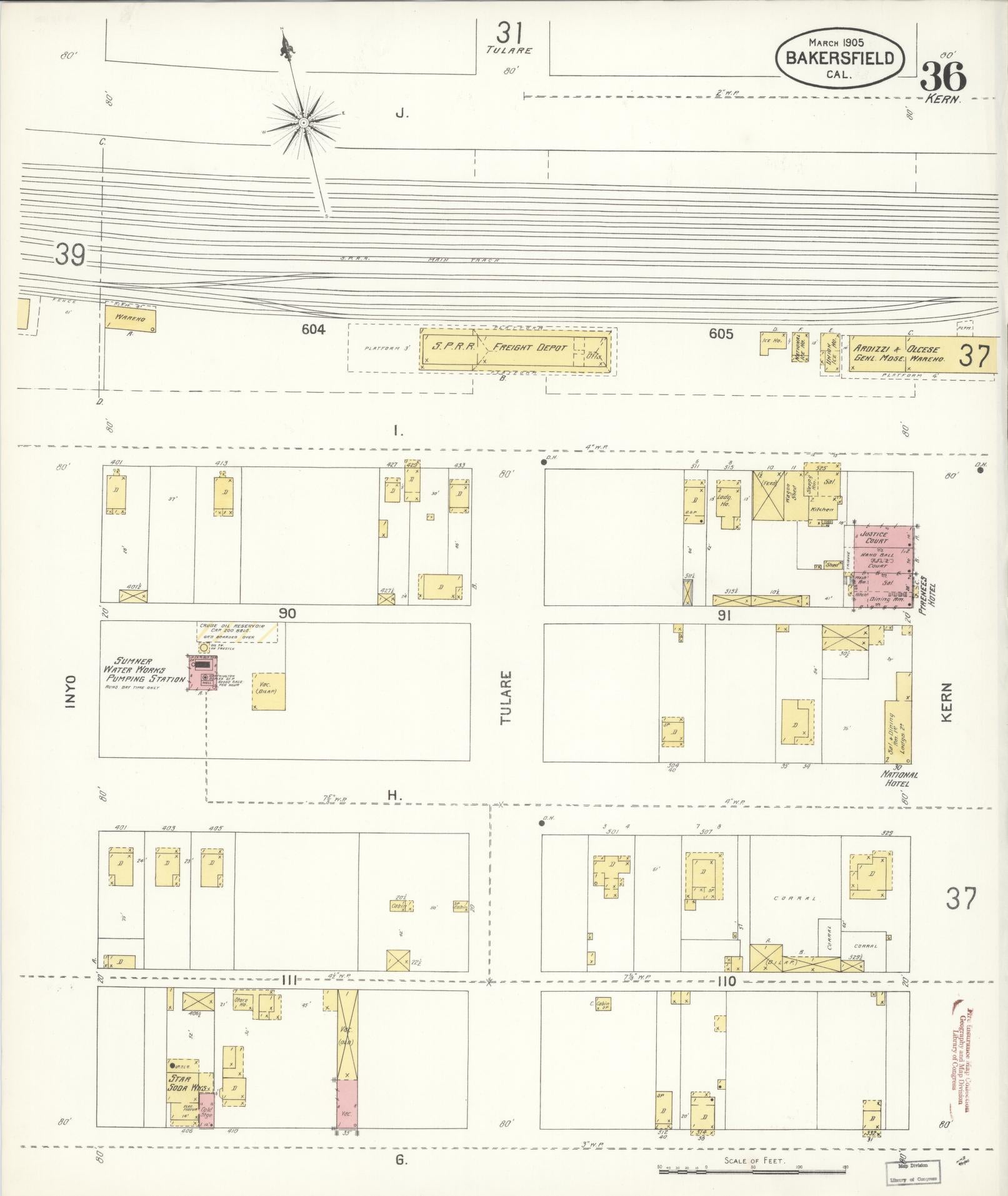Sanborn Fire Insurance Map from Bakersfield, Kern County, California (1905), Sheet #0036 - Historic Sanborn Fire Insurance Map Print, vintage old map wall art, antique decor, genealogy gift, California California map