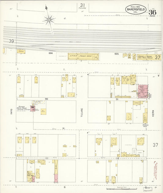Sanborn Fire Insurance Map from Bakersfield, Kern County, California (1905), Sheet #0036 - Historic Sanborn Fire Insurance Map Print, vintage old map wall art, antique decor, genealogy gift, California California map