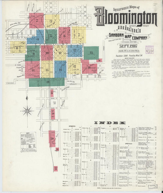 Sanborn Fire Insurance Map from Bloomington, Monroe County, Indiana (1907), Sheet #0001 - Historic Sanborn Fire Insurance Map Print, vintage old map wall art, antique decor, genealogy gift, Indiana Indiana map