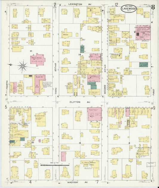 Sanborn Fire Insurance Map from Lakewood, Ocean County, New Jersey (1909), Sheet #0008 - Historic Sanborn Fire Insurance Map Print, vintage old map wall art, antique decor, genealogy gift, New Jersey New Jersey map