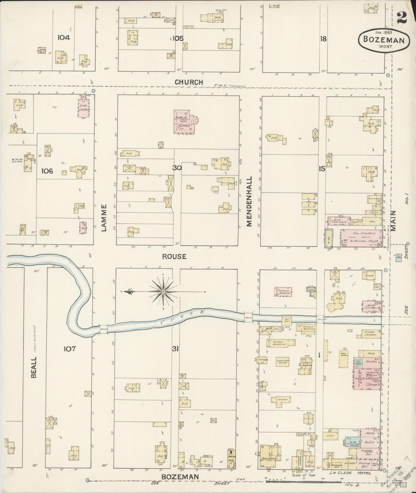 Sanborn Fire Insurance Map from Bozeman, Gallatin County, Montana (1889), Sheet #0002 - Complete Map Set gallery image, historic Sanborn map, vintage wall art, Montana Montana