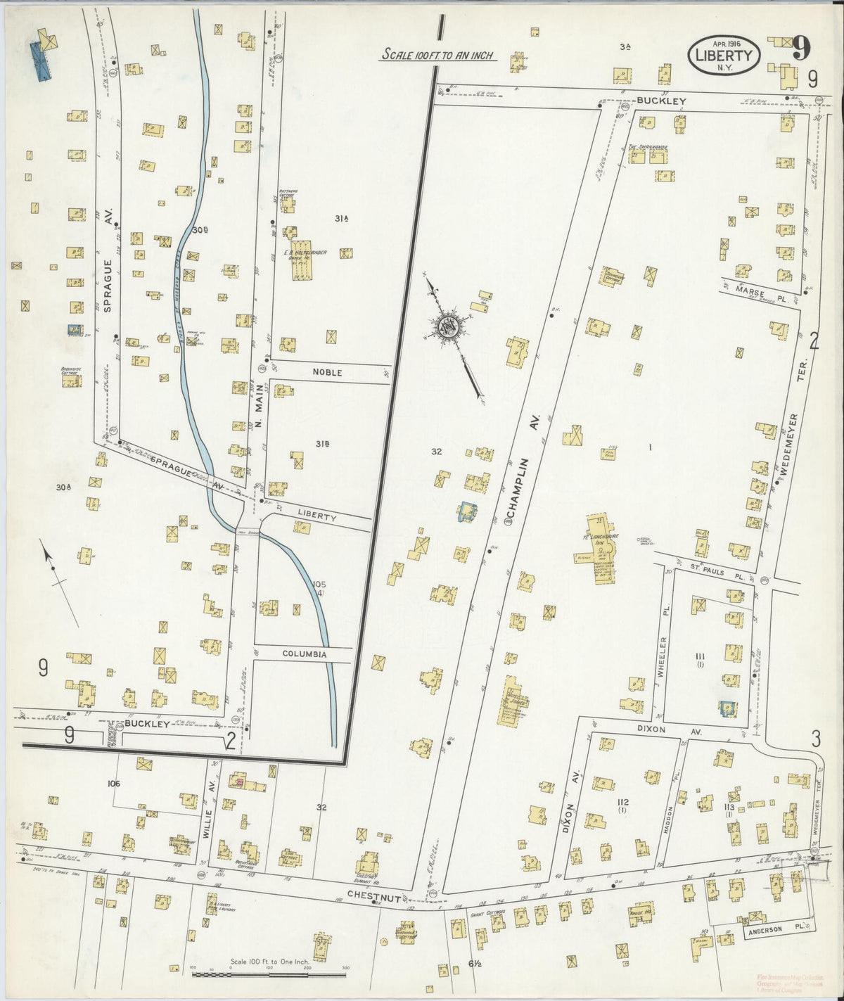 Sanborn Fire Insurance Map from Liberty, Sullivan County, New York (1916), Sheet #0009 - Complete Map Set gallery image, historic Sanborn map, vintage wall art, New York New York