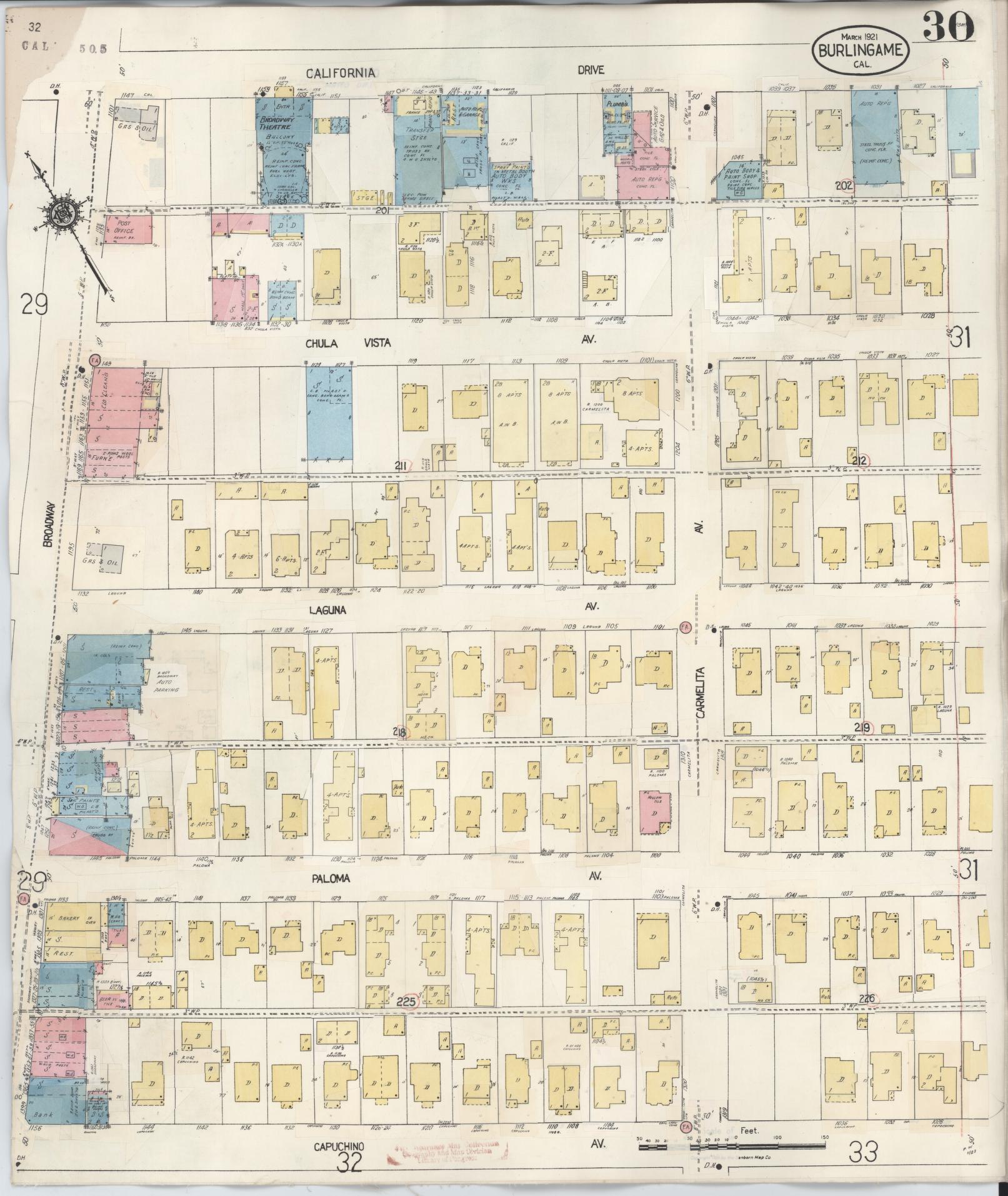 Sanborn Fire Insurance Map from Burlingame, San Mateo County, California (1949), Sheet #0030 - Historic Sanborn Fire Insurance Map Print, vintage old map wall art, antique decor, genealogy gift, California California map