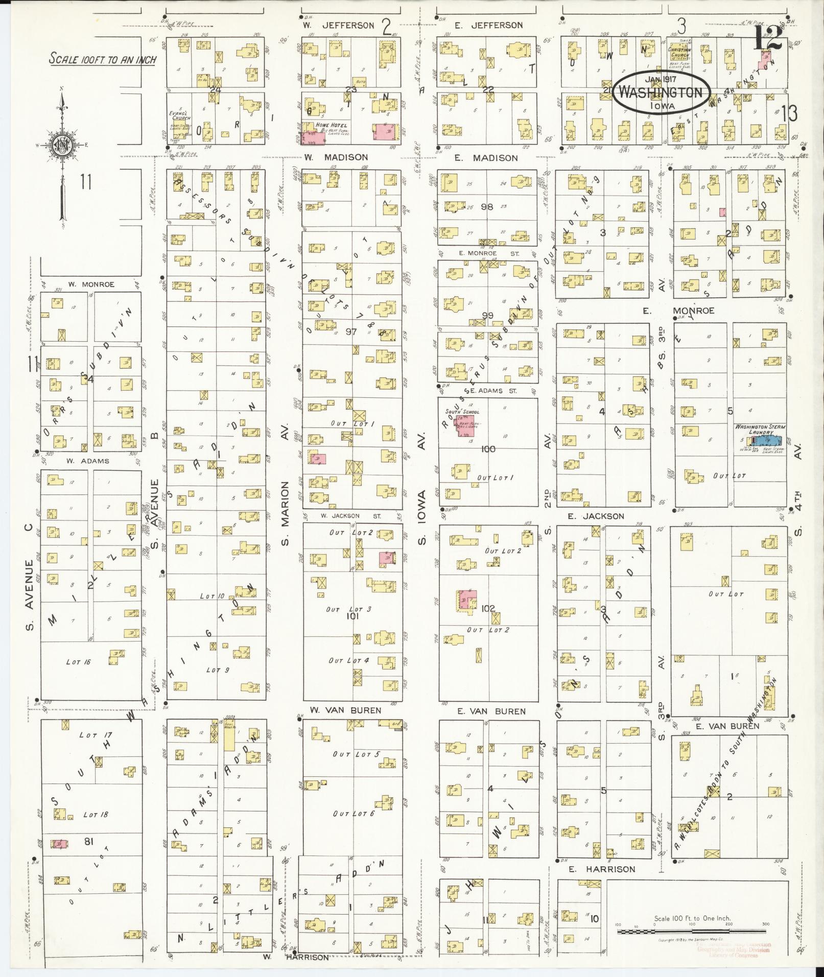 Sanborn Fire Insurance Map from Washington, Washington County, Iowa (1917), Sheet #0012 - Historic Sanborn Fire Insurance Map Print, vintage old map wall art