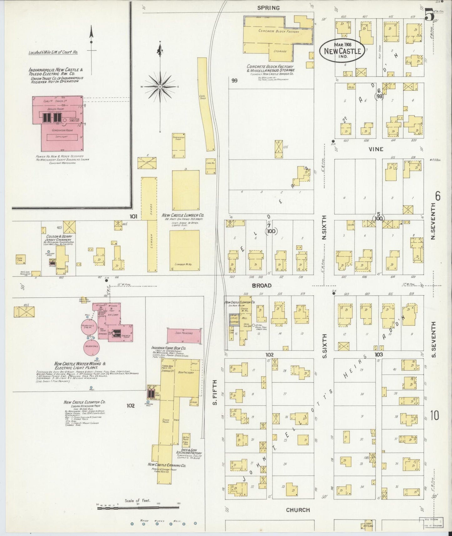Sanborn Fire Insurance Map from New Castle, Henry County, Indiana (1908), Sheet #0005 - Historic Sanborn Fire Insurance Map Print, vintage old map wall art, antique decor, genealogy gift, Indiana Indiana map