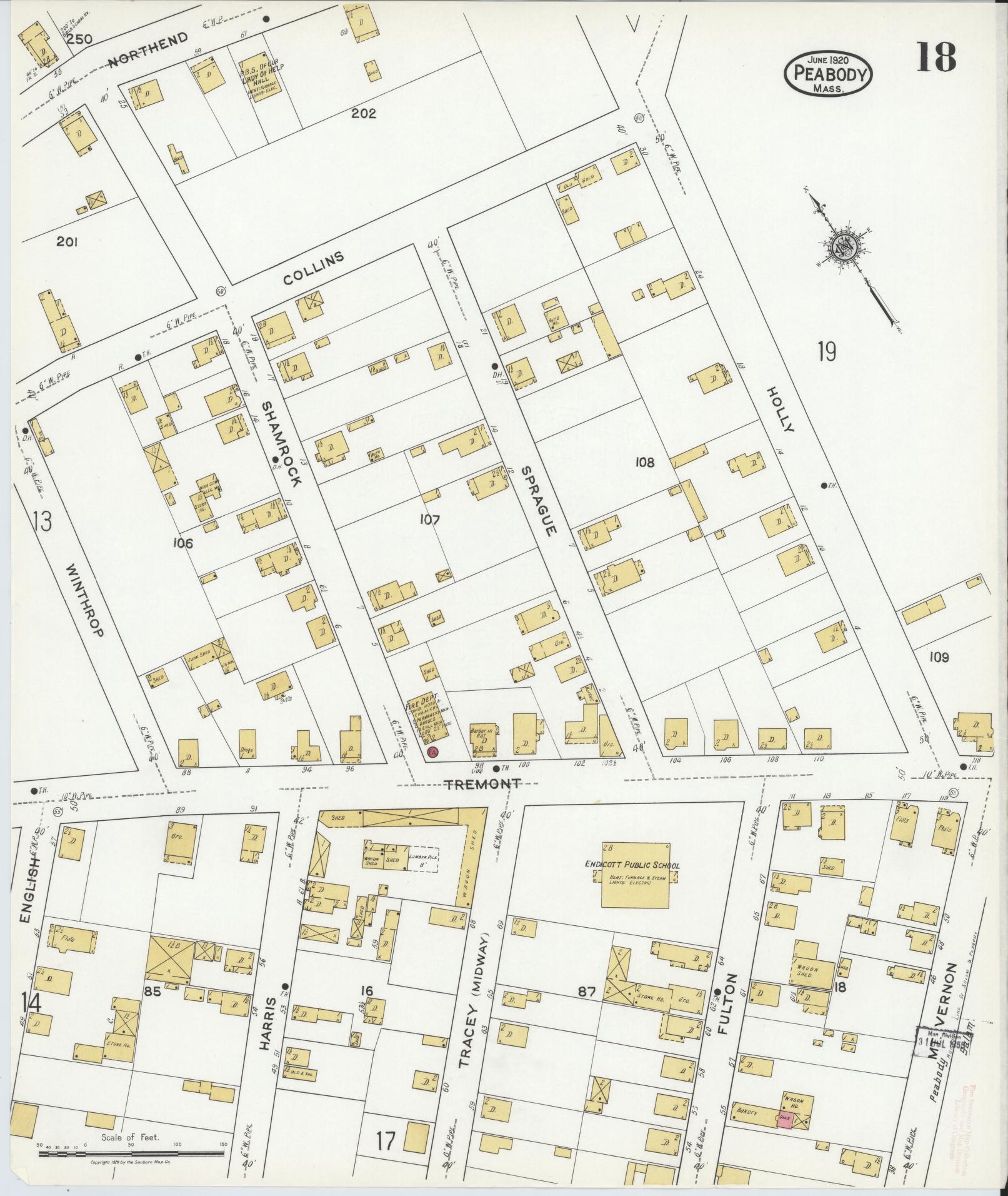 Sanborn Fire Insurance Map from Peabody, Essex County, Massachusetts (1920), Sheet #0018 - Historic Sanborn Fire Insurance Map Print, vintage old map wall art, antique decor, genealogy gift, Massachusetts Massachusetts map