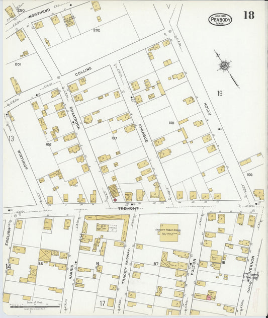 Sanborn Fire Insurance Map from Peabody, Essex County, Massachusetts (1920), Sheet #0018 - Historic Sanborn Fire Insurance Map Print, vintage old map wall art, antique decor, genealogy gift, Massachusetts Massachusetts map