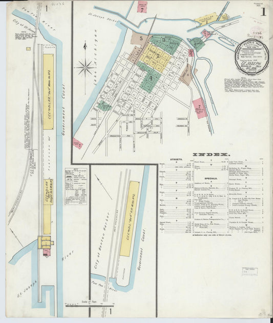 Sanborn Fire Insurance Map from Saint Joseph, Berrien County, Michigan (1896), Sheet #0001 - Historic Sanborn Fire Insurance Map Print, vintage old map wall art, antique decor, genealogy gift, Michigan Michigan map