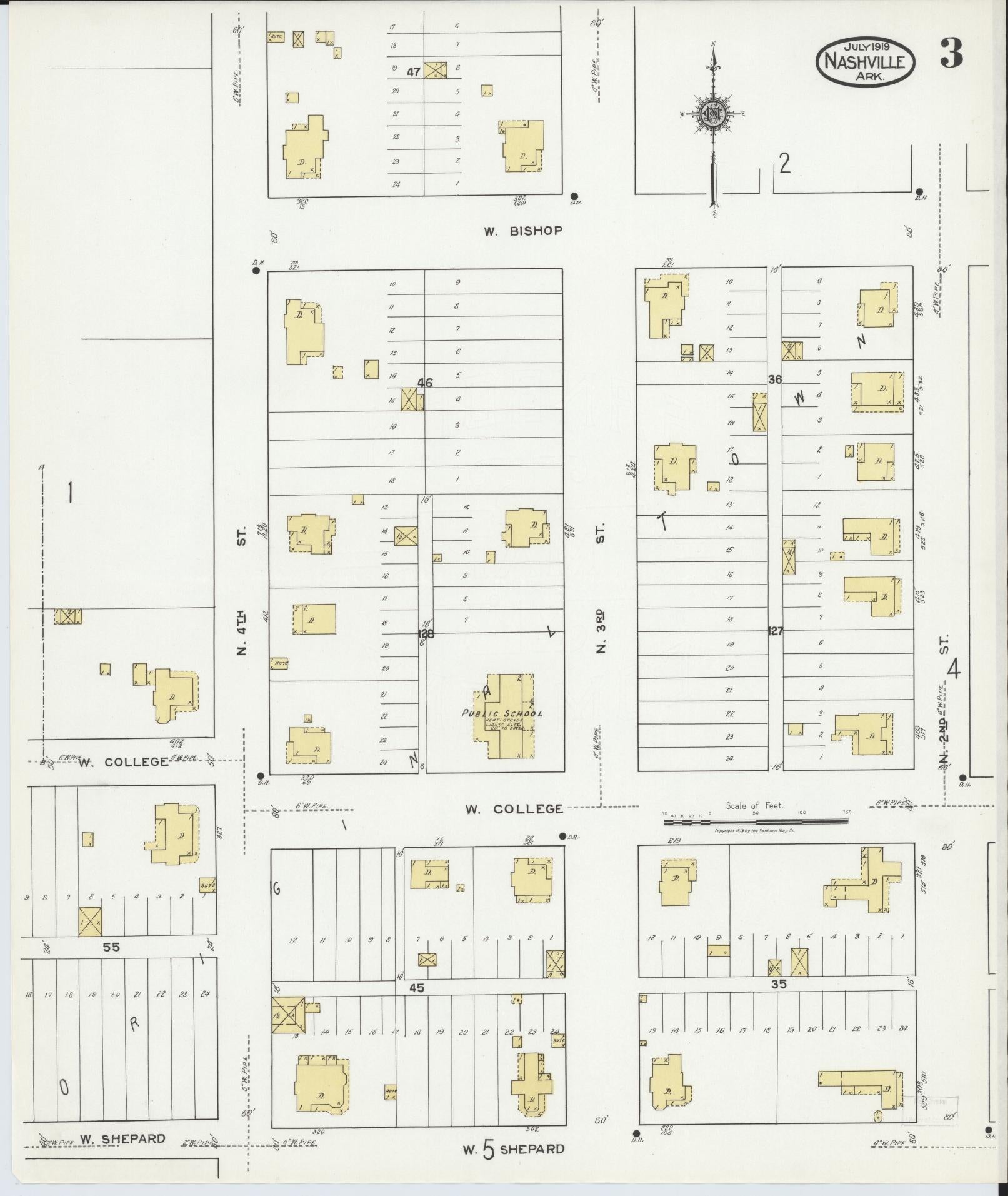 Sanborn Fire Insurance Map from Nashville, Howard County, Arkansas (1919), Sheet #0003 - Historic Sanborn Fire Insurance Map Print, vintage old map wall art, antique decor, genealogy gift, Arkansas Arkansas map