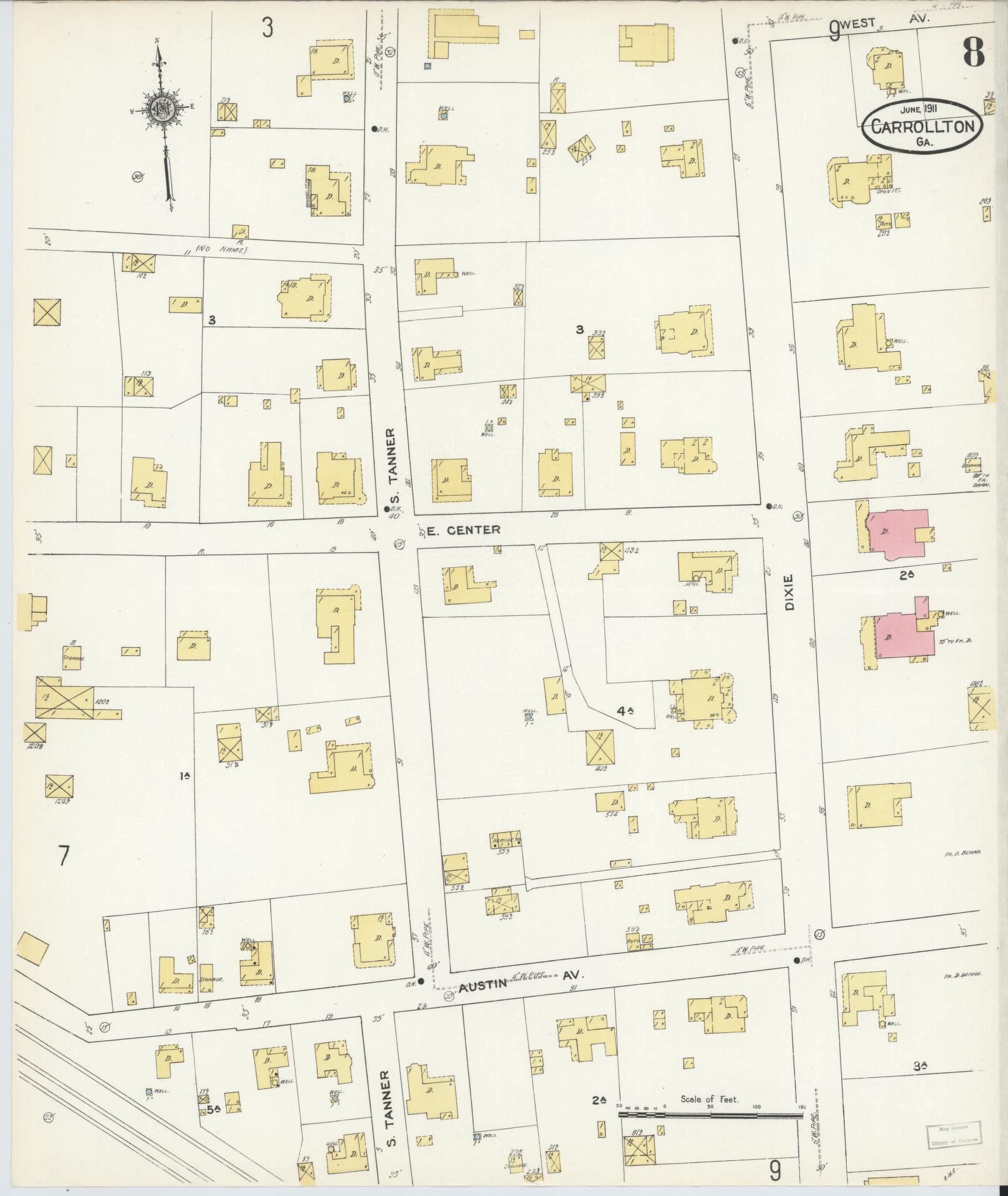Sanborn Fire Insurance Map from Carrollton, Carroll County, Georgia (1911), Sheet #0008 - Historic Sanborn Fire Insurance Map Print, vintage old map wall art, antique decor, genealogy gift, Georgia Georgia map