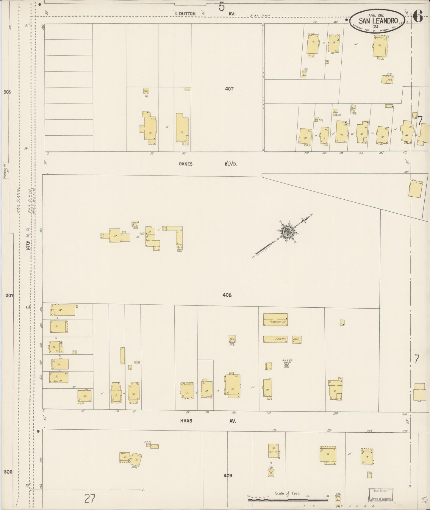 Sanborn Fire Insurance Map from San Leandro, Alameda County, California (1917), Sheet #0006 - Complete Map Set gallery image, historic Sanborn map, vintage wall art, California California