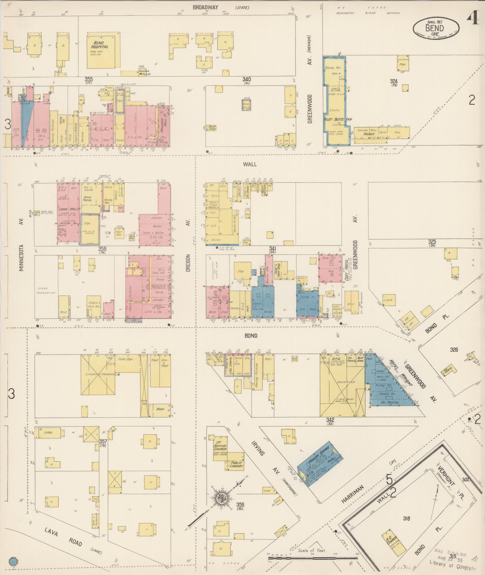 Sanborn Fire Insurance Map from Bend, Deschutes County, Oregon (1917), Sheet #0004 - Complete Map Set gallery image, historic Sanborn map, vintage wall art, Oregon Oregon