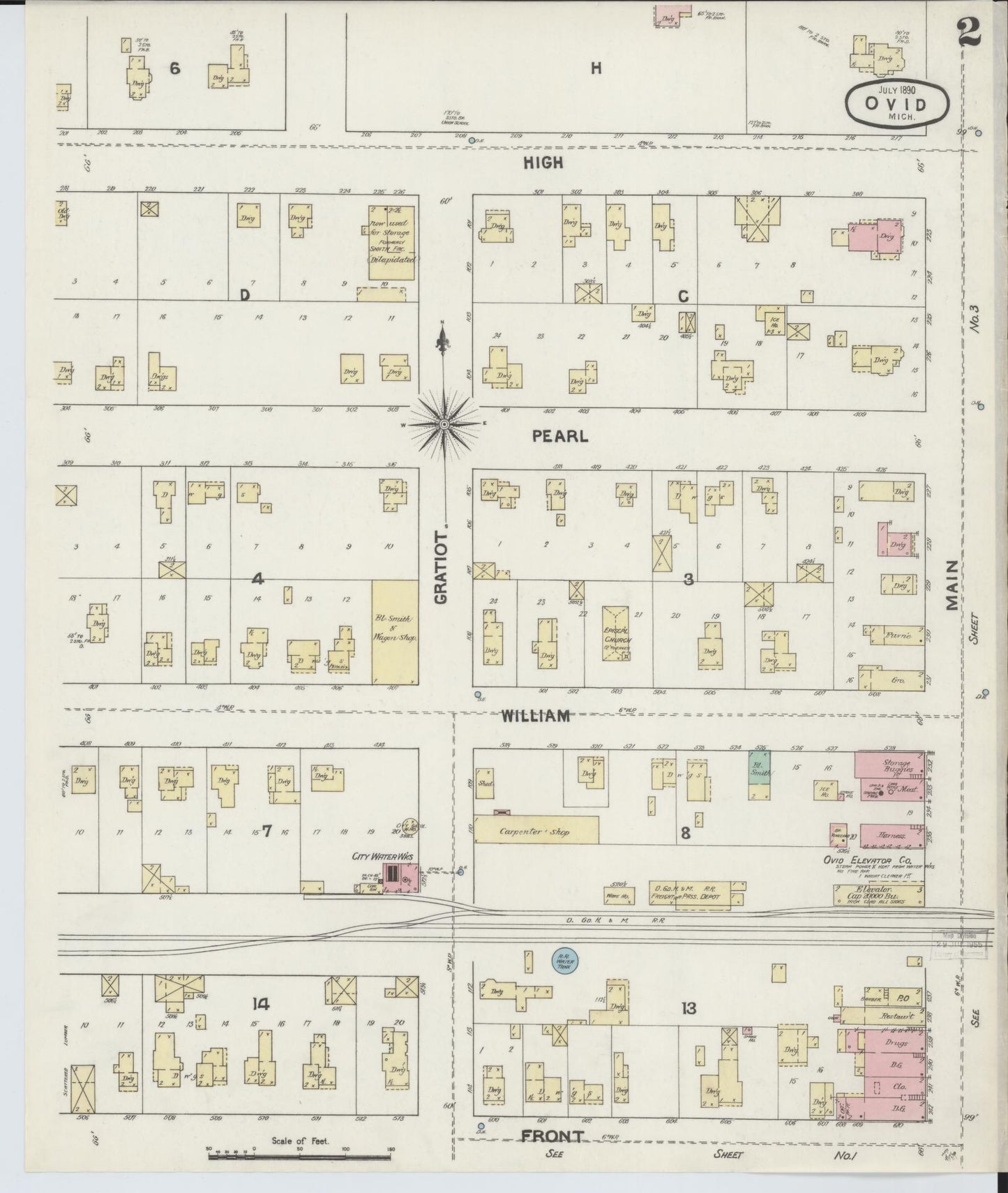 Sanborn Fire Insurance Map from Ovid, Clinton County, Michigan (1890), Sheet #0002 - Historic Sanborn Fire Insurance Map Print, vintage old map wall art, antique decor, genealogy gift, Michigan Michigan map