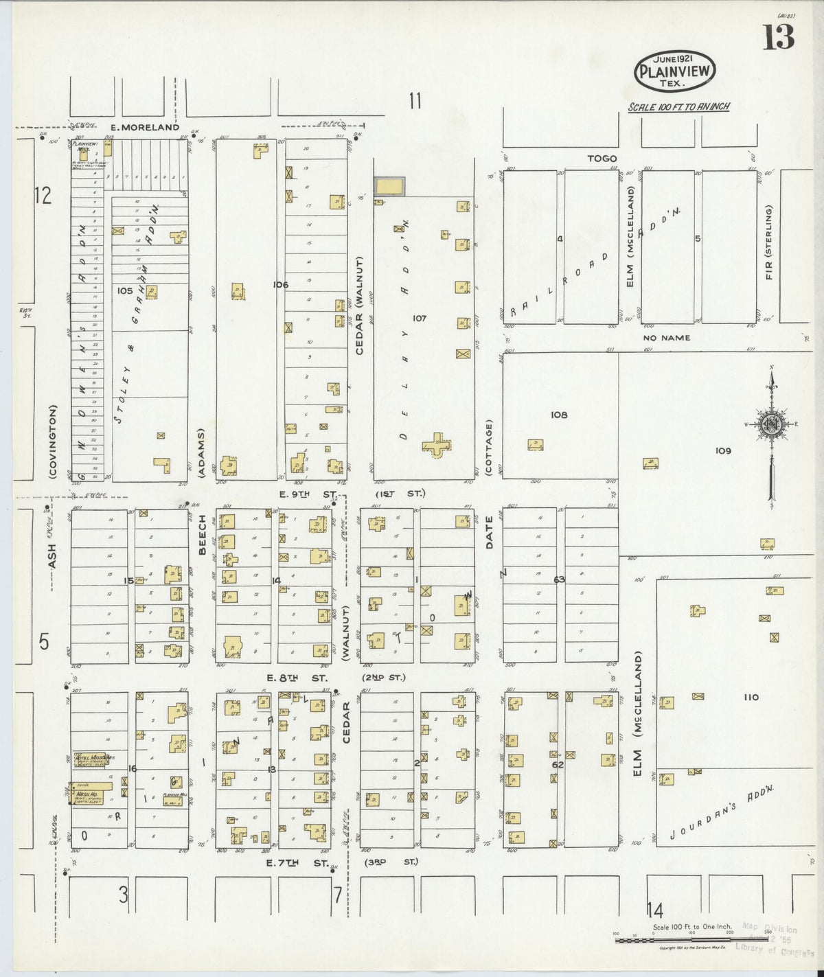 Sanborn Fire Insurance Map from Plainview, Hale County, Texas (1921), Sheet #0013 - Complete Map Set gallery image, historic Sanborn map, vintage wall art, Texas Texas