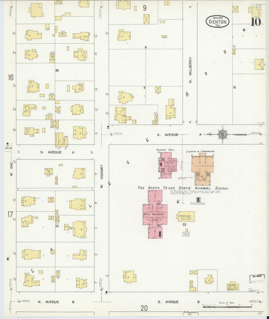 Sanborn Fire Insurance Map from Denton, Denton County, Texas (1912), Sheet #0010 - Historic Sanborn Fire Insurance Map Print, vintage old map wall art, antique decor, genealogy gift, Texas Texas map