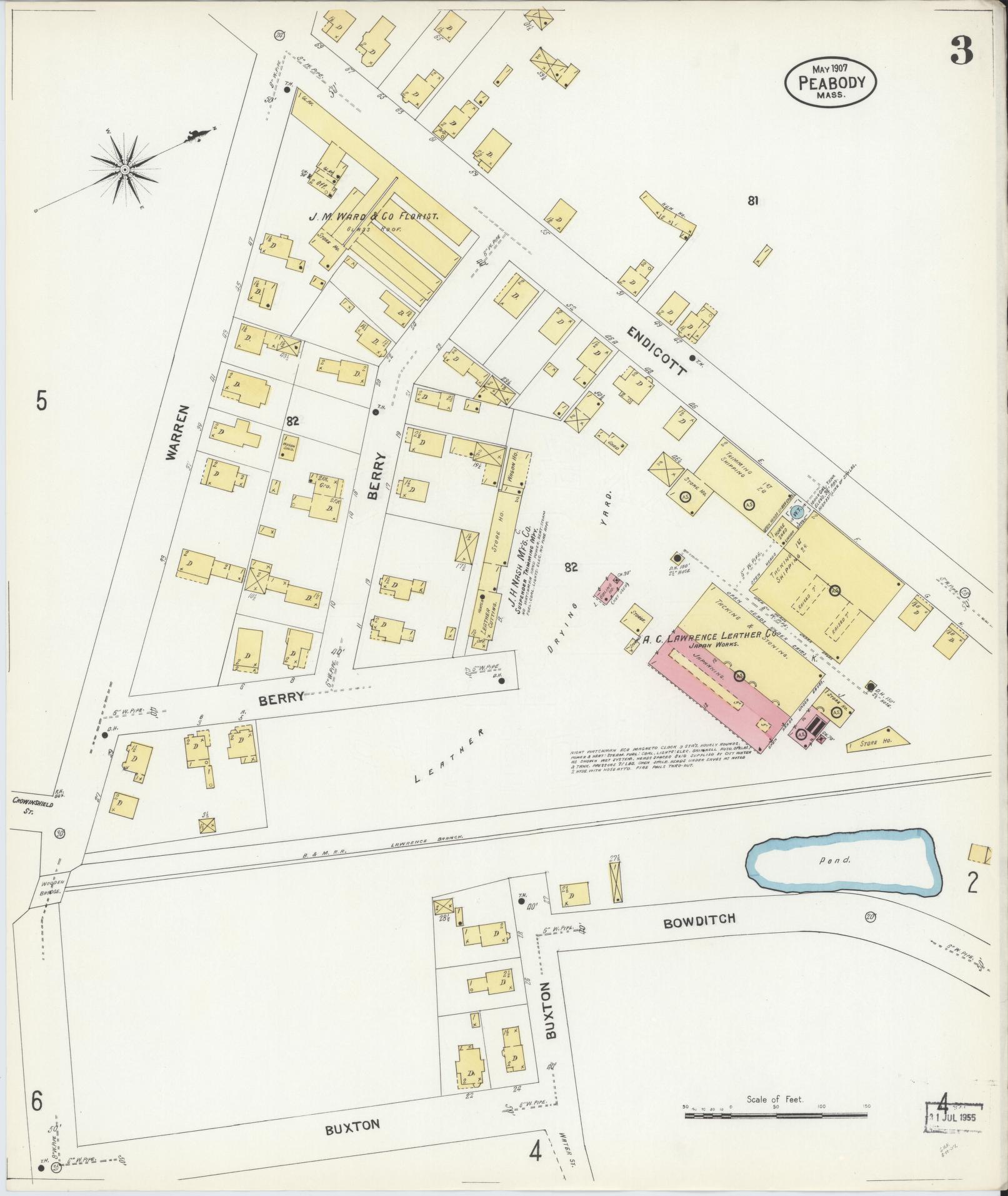 Sanborn Fire Insurance Map from Peabody, Essex County, Massachusetts (1907), Sheet #0003 - Complete Map Set gallery image, historic Sanborn map, vintage wall art, Massachusetts Massachusetts