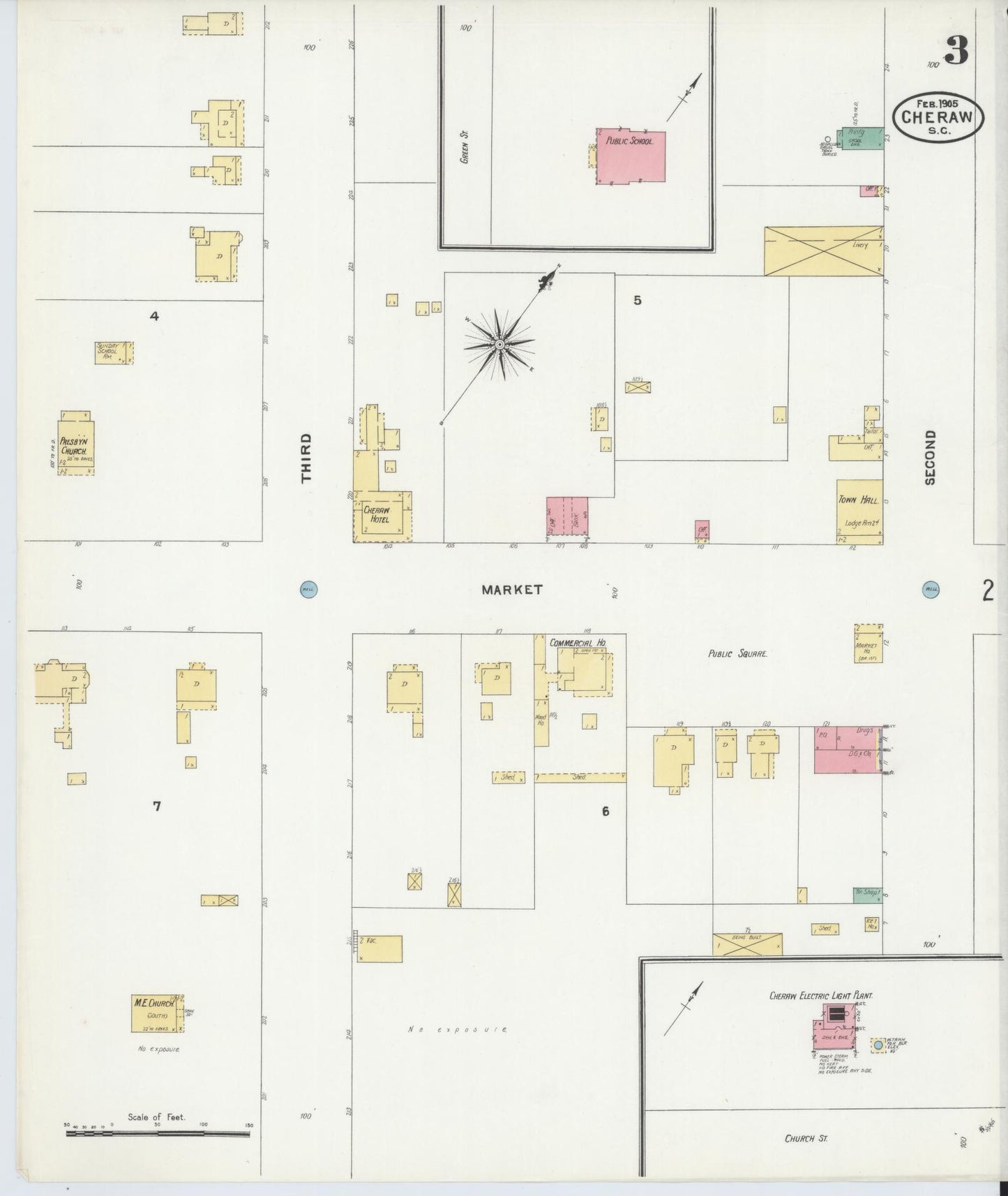 Sanborn Fire Insurance Map from Cheraw, Chesterfield County, South Carolina (1905), Sheet #0003 - Complete Map Set gallery image, historic Sanborn map, vintage wall art, South Carolina South Carolina