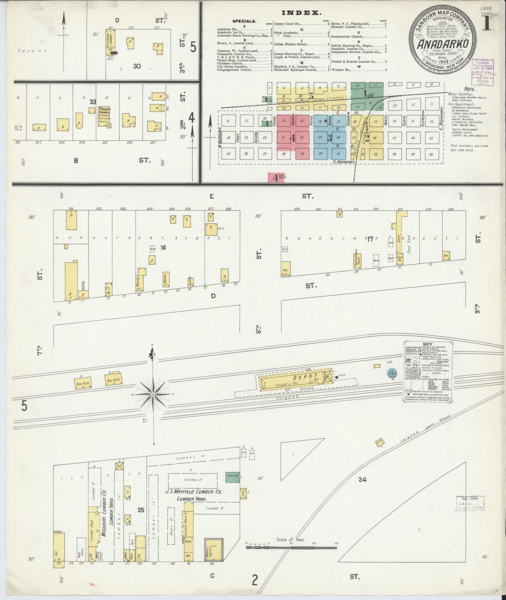 Sanborn Fire Insurance Map from Anadarko, Caddo County, Oklahoma (1902), Sheet #0001 - Historic Sanborn Fire Insurance Map Print, vintage old map wall art, antique decor, genealogy gift, Oklahoma Oklahoma map
