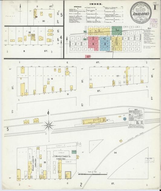 Sanborn Fire Insurance Map from Anadarko, Caddo County, Oklahoma (1902), Sheet #0001 - Historic Sanborn Fire Insurance Map Print, vintage old map wall art, antique decor, genealogy gift, Oklahoma Oklahoma map