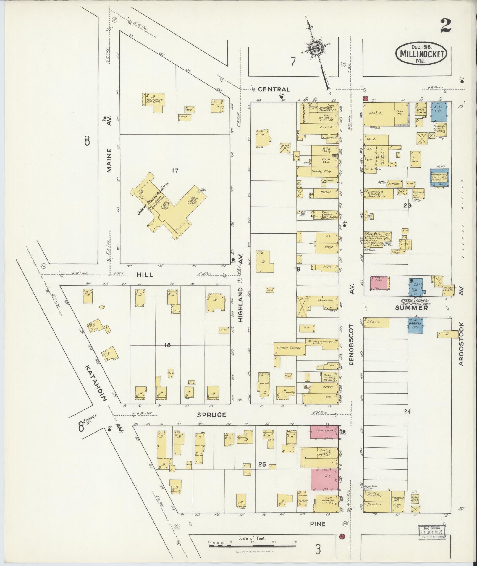 Sanborn Fire Insurance Map from Millinocket, Penobscot County, Maine (1916), Sheet #0002 - Historic Sanborn Fire Insurance Map Print, vintage old map wall art, antique decor, genealogy gift, Maine Maine map