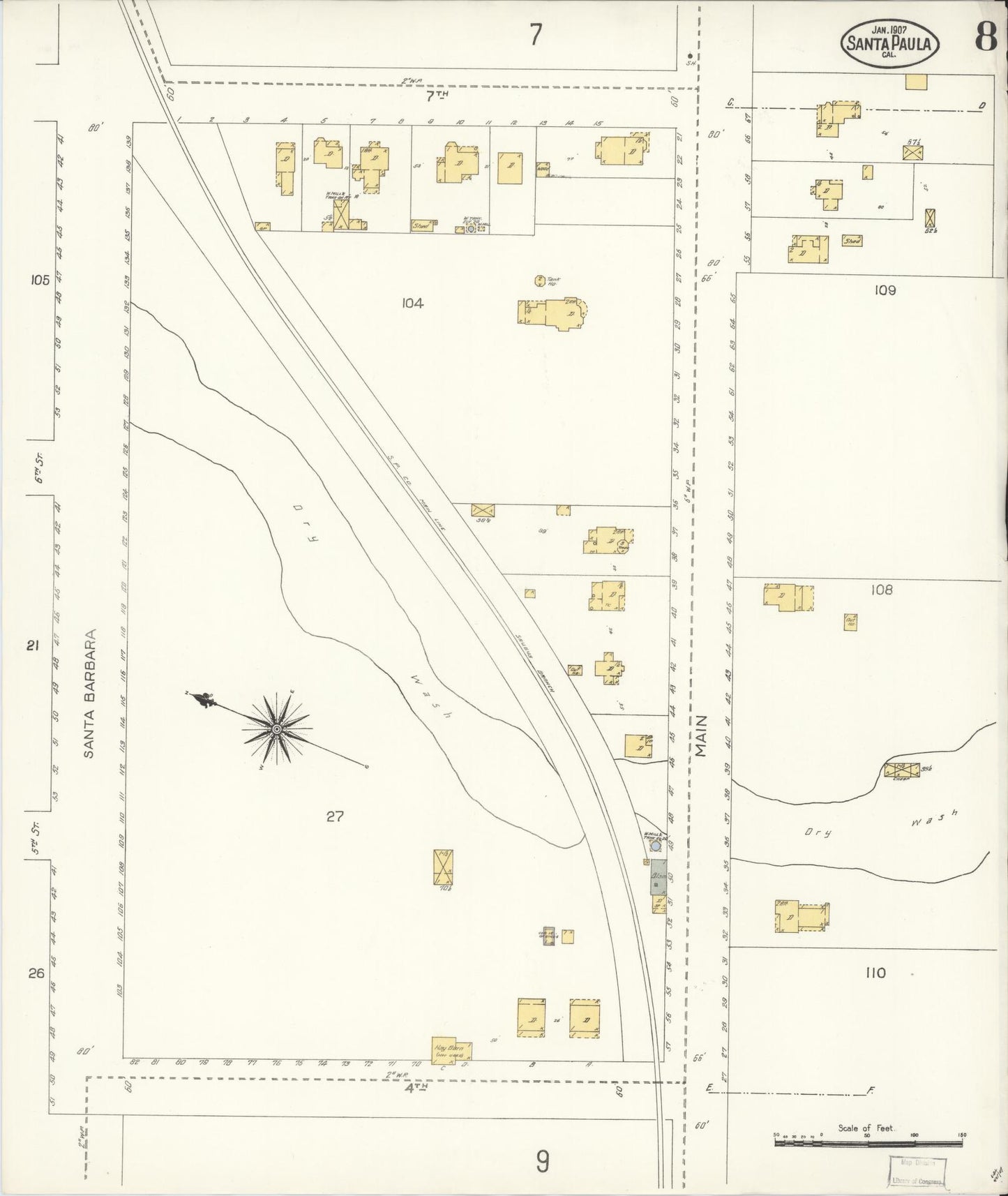 Sanborn Fire Insurance Map from Santa Paula, Ventura County, California (1907), Sheet #0008 - Complete Map Set gallery image, historic Sanborn map, vintage wall art, California California