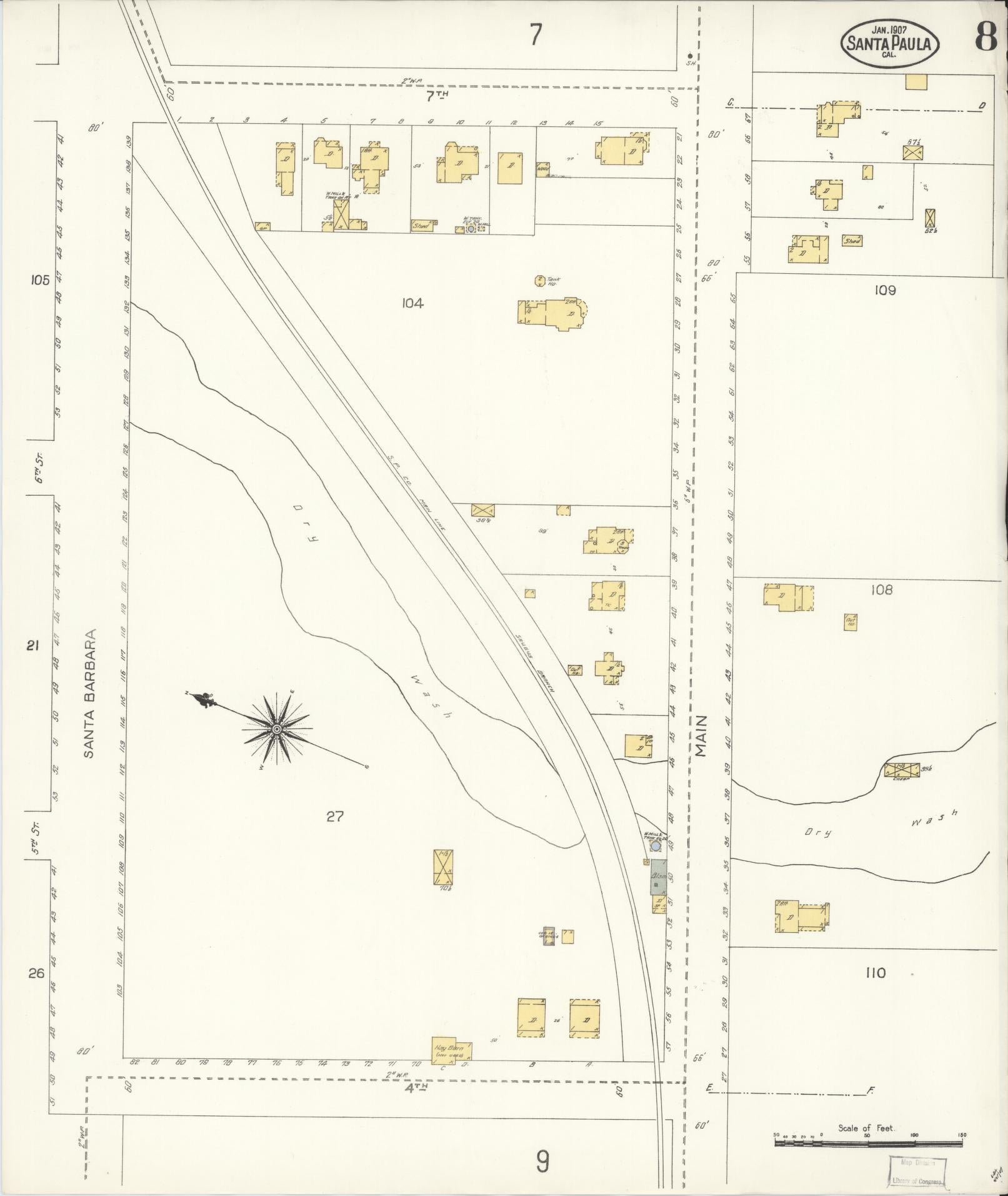 Sanborn Fire Insurance Map from Santa Paula, Ventura County, California (1907), Sheet #0008 - Complete Map Set gallery image, historic Sanborn map, vintage wall art, California California