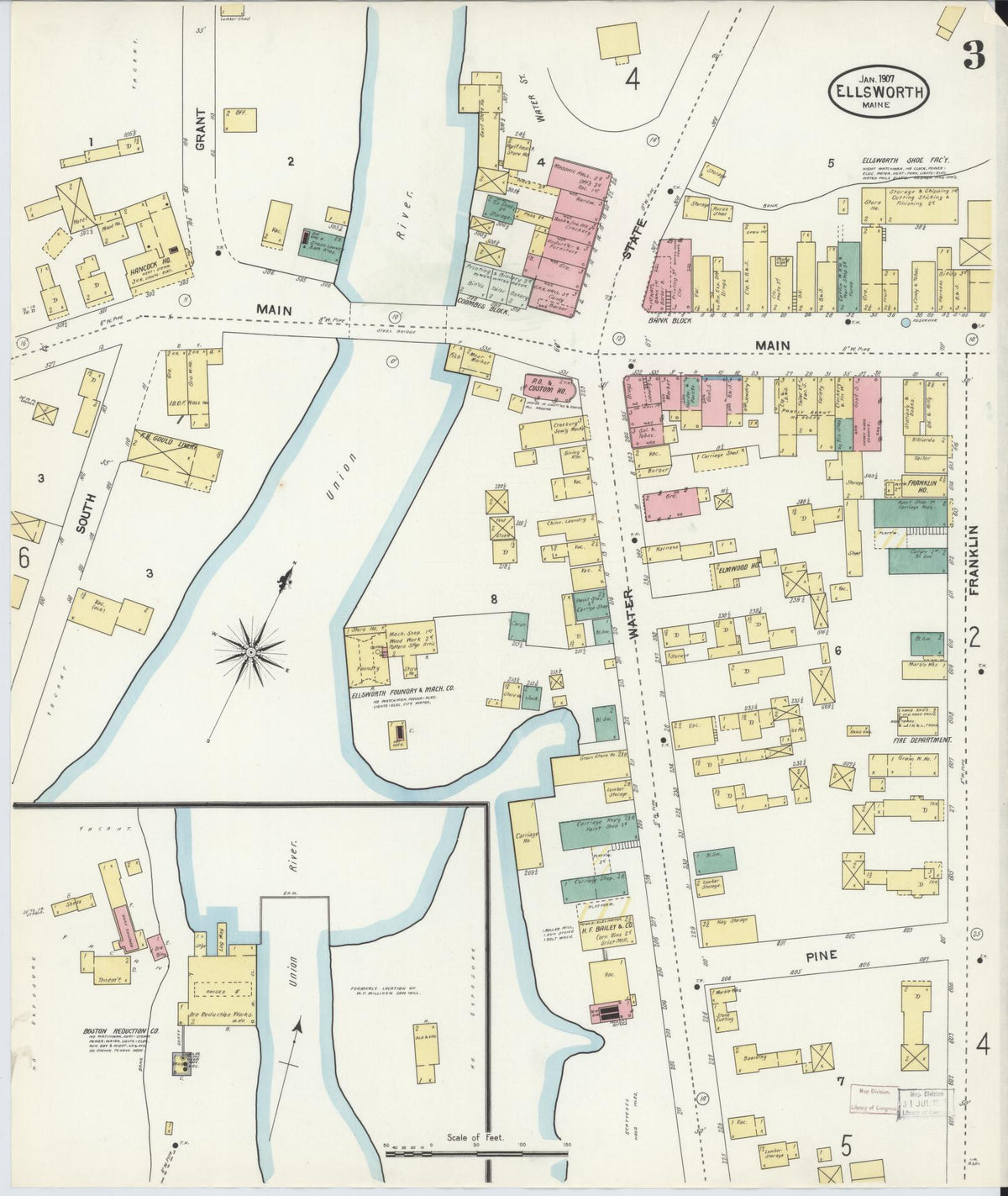 Sanborn Fire Insurance Map from Ellsworth, Hancock County, Maine (1907), Sheet #0003 - Historic Sanborn Fire Insurance Map Print, vintage old map wall art, antique decor, genealogy gift, Maine Maine map