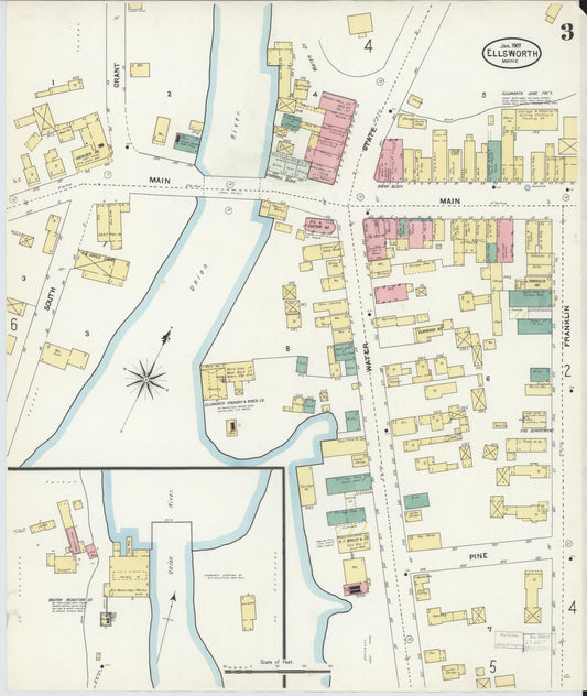 Sanborn Fire Insurance Map from Ellsworth, Hancock County, Maine (1907), Sheet #0003 - Historic Sanborn Fire Insurance Map Print, vintage old map wall art, antique decor, genealogy gift, Maine Maine map