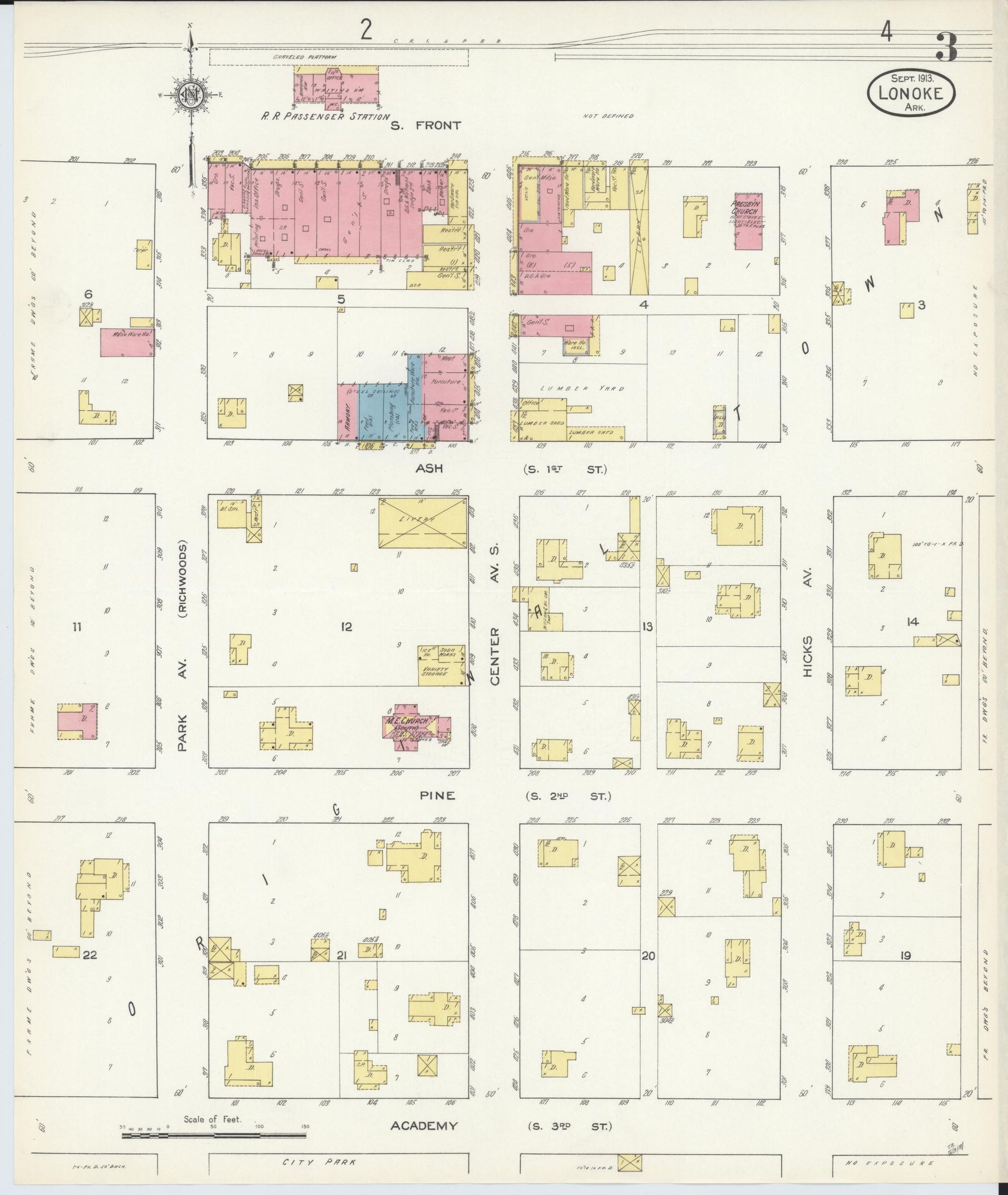 Sanborn Fire Insurance Map from Lonoke, Lonoke County, Arkansas (1913), Sheet #0003 - Historic Sanborn Fire Insurance Map Print, vintage old map wall art, antique decor, genealogy gift, Arkansas Arkansas map