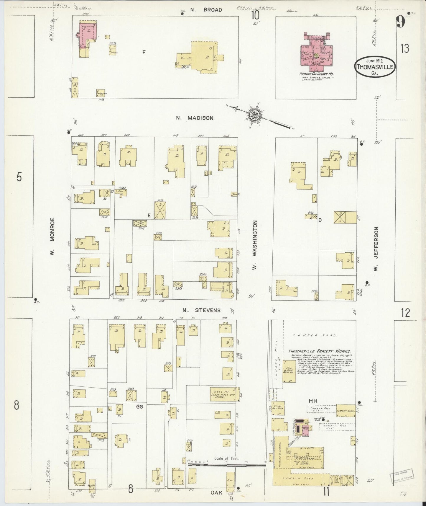 Sanborn Fire Insurance Map from Thomasville, Thomas County, Georgia (1912), Sheet #0009 - Historic Sanborn Fire Insurance Map Print, vintage old map wall art, antique decor, genealogy gift, Georgia Georgia map