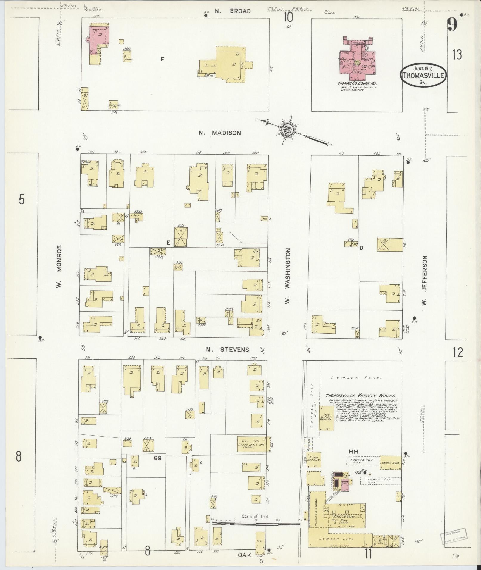 Sanborn Fire Insurance Map from Thomasville, Thomas County, Georgia (1912), Sheet #0009 - Historic Sanborn Fire Insurance Map Print, vintage old map wall art, antique decor, genealogy gift, Georgia Georgia map