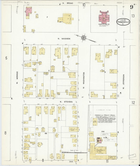 Sanborn Fire Insurance Map from Thomasville, Thomas County, Georgia (1912), Sheet #0009 - Historic Sanborn Fire Insurance Map Print, vintage old map wall art, antique decor, genealogy gift, Georgia Georgia map