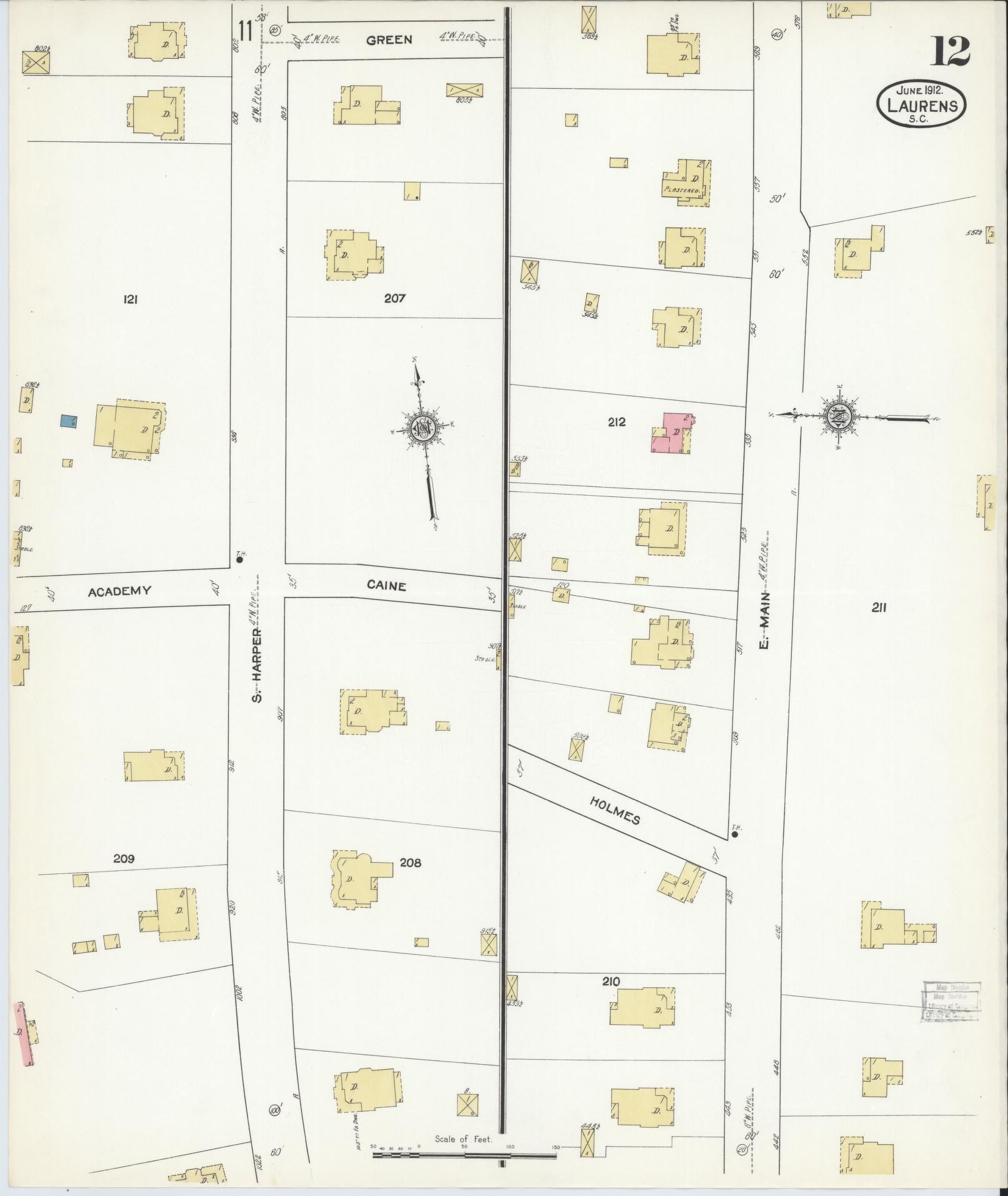 Sanborn Fire Insurance Map from Laurens, Laurens County, South Carolina (1912), Sheet #0012 - Historic Sanborn Fire Insurance Map Print, vintage old map wall art, antique decor, genealogy gift, South Carolina South Carolina map