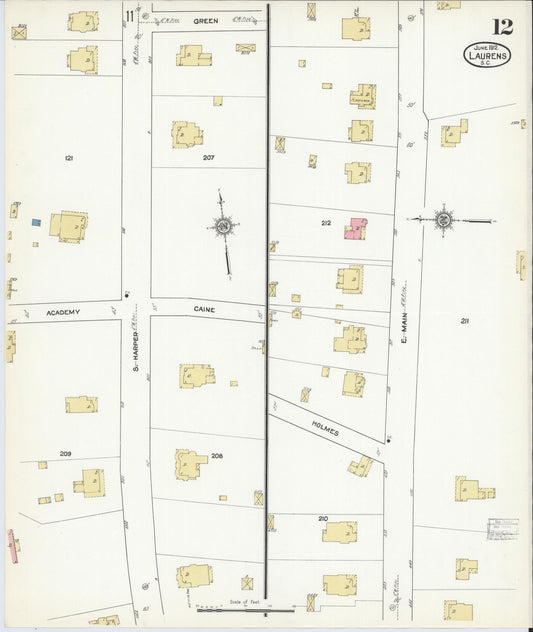 Sanborn Fire Insurance Map from Laurens, Laurens County, South Carolina (1912), Sheet #0012 - Historic Sanborn Fire Insurance Map Print, vintage old map wall art, antique decor, genealogy gift, South Carolina South Carolina map