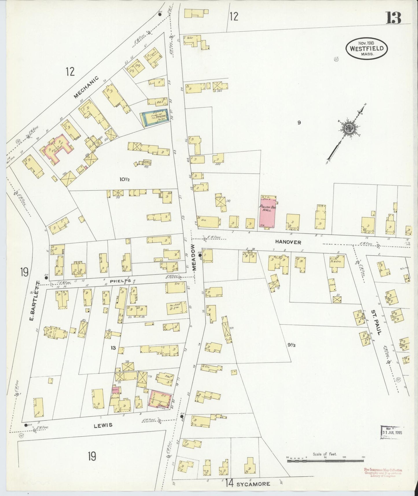 Sanborn Fire Insurance Map from Westfield, Hampden County, Massachusetts (1910), Sheet #0013 - Complete Map Set gallery image, historic Sanborn map, vintage wall art, Massachusetts Massachusetts