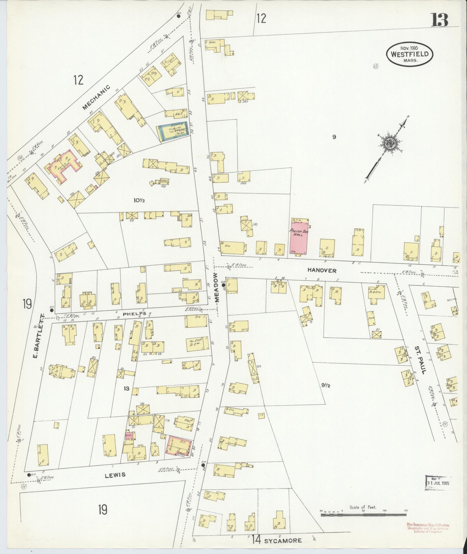 Sanborn Fire Insurance Map from Westfield, Hampden County, Massachusetts (1910), Sheet #0013 - Complete Map Set gallery image, historic Sanborn map, vintage wall art, Massachusetts Massachusetts