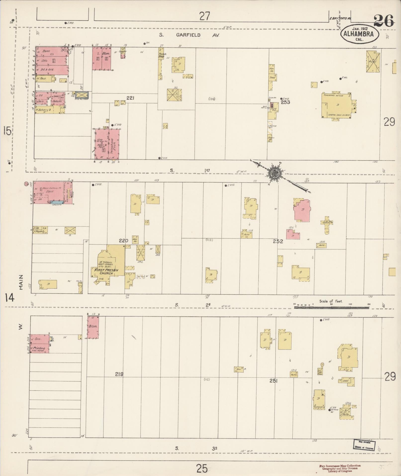Sanborn Fire Insurance Map from Alhambra, Los Angeles County, California (1912), Sheet #0026 - Historic Sanborn Fire Insurance Map Print, vintage old map wall art, antique decor, genealogy gift, California California map