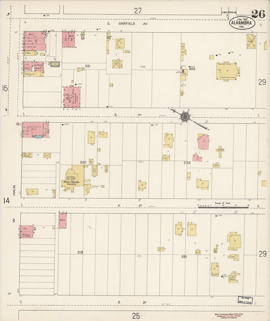 Sanborn Fire Insurance Map from Alhambra, Los Angeles County, California (1912), Sheet #0026 - Historic Sanborn Fire Insurance Map Print, vintage old map wall art, antique decor, genealogy gift, California California map